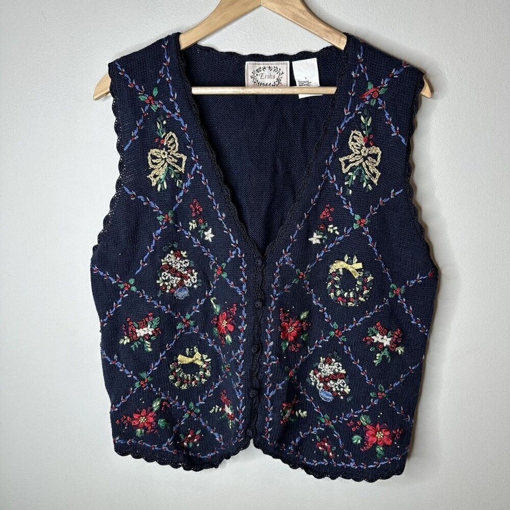 Vintage Erika Classic Womens Blac Ramie Cotton Embroidered Bow Floral Vest Sz‎ L